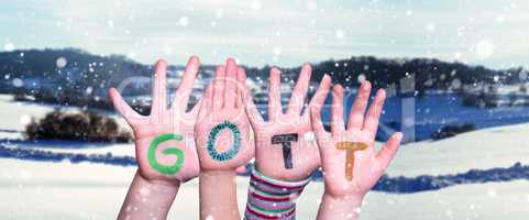 Children Hands Building Word Gott Means God, Snowy Winter Background