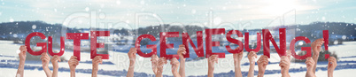 People Hands Holding Word Gute Genesung Means Get Well Soon, Winter Background