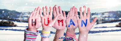 Children Hands Building Word Human, Snowy Winter Background