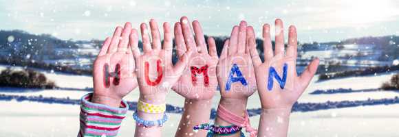 Children Hands Building Word Human, Snowy Winter Background