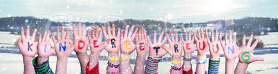 Kids Hands Holding Kinderbetreuung Means Child Day Care, Winter Background