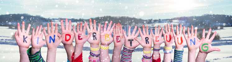 Kids Hands Holding Kinderbetreuung Means Child Day Care, Winter Background