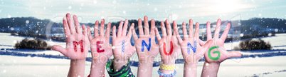 Children Hands Building Word Meinung Means Opinion, Snowy Winter Background