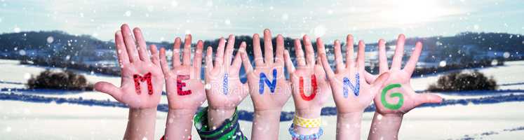 Children Hands Building Word Meinung Means Opinion, Snowy Winter Background