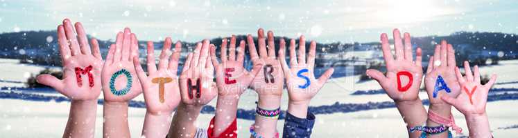 Children Hands Building Word Mothers Day, Snowy Winter Background