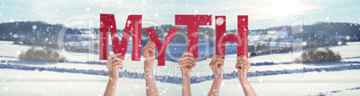 People Hands Holding Word Myth, Snowy Winter Background