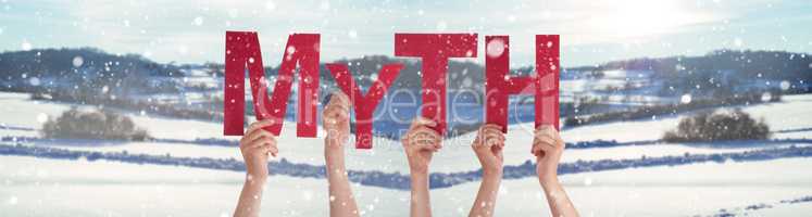 People Hands Holding Word Myth, Snowy Winter Background