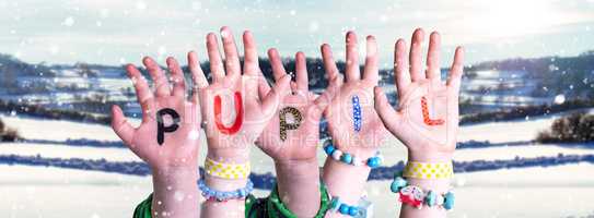 Children Hands Building Word Pupil, Snowy Winter Background