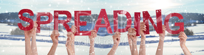 People Hands Holding Word Spreading, Snowy Winter Background