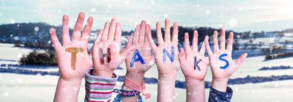 Children Hands Building Word Thanks, Snowy Winter Background
