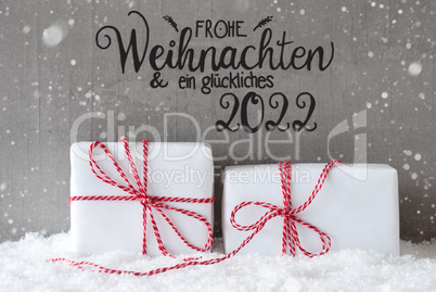 Two White Gifts, Snow, Snowflakes, Cement, Glueckliches 2022 Means Happy 2022