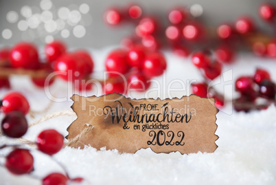 Red Decoration, Snow, Label, Glueckliches 2022 Means Happy 2022, Snowflakes