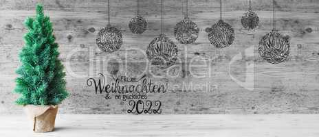 Christmas Tree, Ball, Glueckliches 2022 Means Happy 2022, Black And White