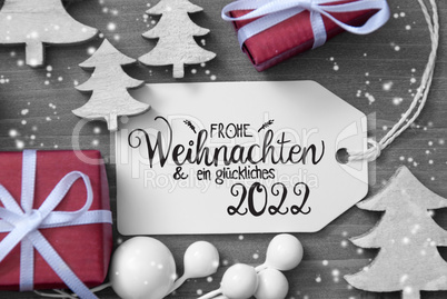 Gifts, Tree, Decoration, Label, Glueckliches 2022 Mean Happy 2022, Snowflakes