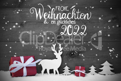 Reindeer, Gift, Tree, Snowflakes, Glueckliches 2022 Means Happy 2022
