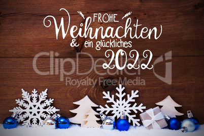 Christmas Tree, Blue Ball, Snow, Glueckliches 2022 Means Happy 2022