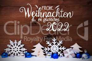 Christmas Tree, Blue Ball, Snow, Glueckliches 2022 Means Happy 2022