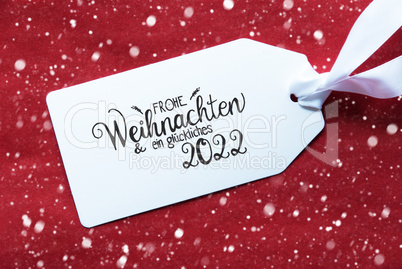 Red Background, Label, Glueckliches 2022 Means Happy 2022, Snowflakes
