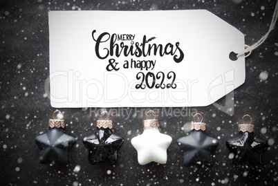 Black Christmas Ball, Label, Merry Christmas And A Happy 2022, Snowflakes