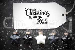 Black Christmas Ball, Label, Merry Christmas And A Happy 2022, Snowflakes