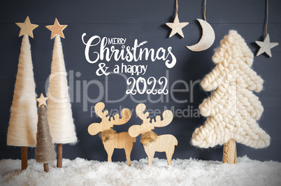 Christmas Tree, Moose, Moon, Stars, Snow, Text Merry Christmas And Happy 2022