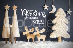 Christmas Tree, Moose, Moon, Stars, Snow, Text Merry Christmas And Happy 2022