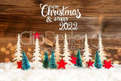 Tree, Snow, Red Star, Merry Christmas And Happy 2022, Wooden Background