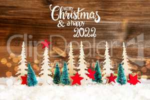 Tree, Snow, Red Star, Merry Christmas And Happy 2022, Wooden Background