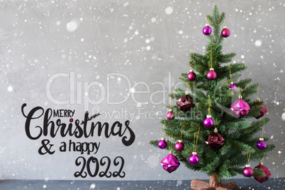 Christmas Tree, Purple Ball, Merry Christmas And A Happy 2022, Snowflakes