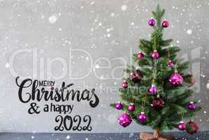 Christmas Tree, Purple Ball, Merry Christmas And A Happy 2022, Snowflakes