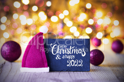 Sparkling Lights, Ball, Purple Santa Hat, Glueckliches 2020 Mean Happy 2022