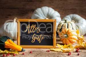 Autumn Pumpkin Decoration, Text Alles Gute Means Best Wishes, Golden Frame
