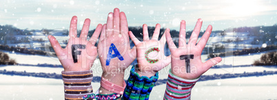 Children Hands Building Word Fact, Snowy Winter Background