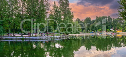 Summer morning on the embankment of Ternopil, Ukraine