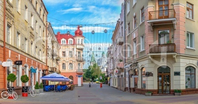 Streets of the historic city center of Ternopil, Ukraine