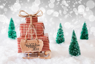 Sled, Present, Snow, Glueckliches 2022 Means Happy 2022, Gray Background