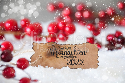 Red Christmas Decoration, Snow, Label, Glueckliches 2022 Means Happy 2022