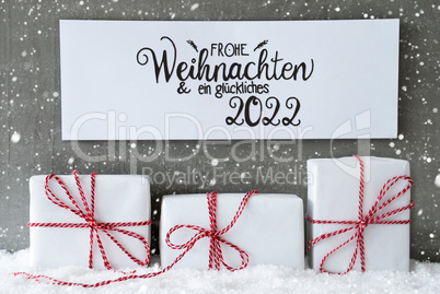 Three Gifts, Sign, Snow, Glueckliches 2022 Means Happy 2022, Snowflakes