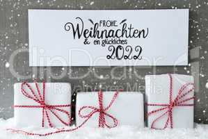 Three Gifts, Sign, Snow, Glueckliches 2022 Means Happy 2022, Snowflakes