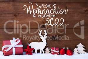 Reindeer, Gift, Tree, Ball, Snow, Glueckliches 2022 Means Happy 2022