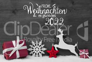 Gift, Deer, Snow, Ball, Glueckliches 2022 Means Happy 2022, Gray Background