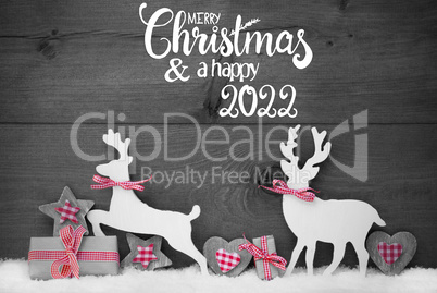 Gift, Deer, Heart, Snow, Merry Christmas And Happy 2022, Gray Background