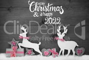 Gift, Deer, Heart, Snow, Merry Christmas And Happy 2022, Gray Background