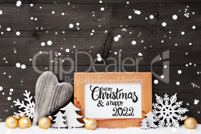 Heart, Golden Ball, Tree, Merry Christmas And Happy 2022, Gray Background