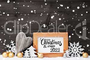 Heart, Golden Ball, Tree, Merry Christmas And Happy 2022, Gray Background