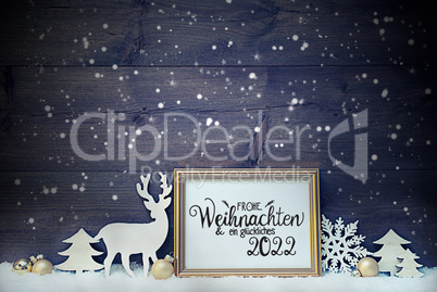 Vintage Frame, Golden Ball, Tree, Snow, Deer, Glueckliches 2022 Means Happy 2022