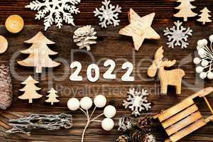 Wooden Christmas Decoration, 2022, Tree, Fir Cone And Sled