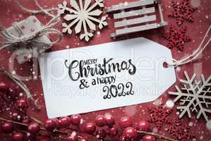 Red Christmas Decoration, Label, Merry Christmas And A Happy 2022