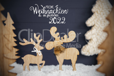 Moose Couple, Christmas Tree, Snow, Glueckliches 2022 Means Happy New Year