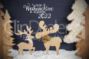 Moose Couple, Christmas Tree, Snow, Glueckliches 2022 Means Happy New Year